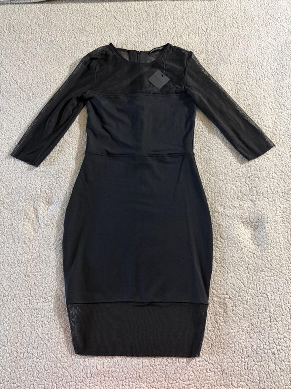 Donna Mizani Black Mesh-Yoke Midi Dress with Three-Quarter Sleeves Small New
